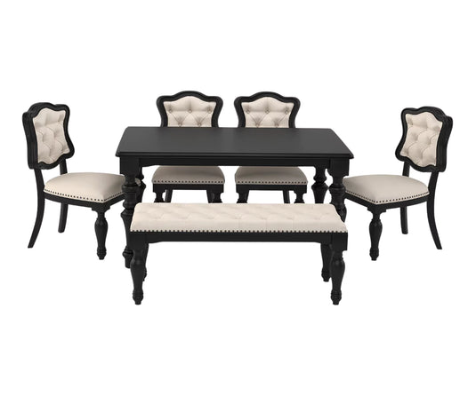 Velostine Dining Table with Bench and Chairs Set, Black Finish.