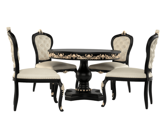 Zyvra Luxury Solid Wood Round Dining Set - Black Finish